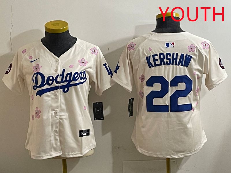Youth Los Angeles Dodgers 22 Kershaw Cream Sakura Edition 2025 Nike MLB Jersey style 1